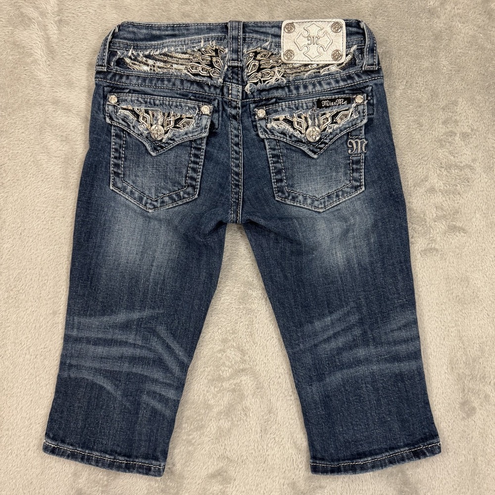Miss Me Capri Jeans Girls 12 Embellished Flap Pockets Bedazzled Stretch Y2K Blue